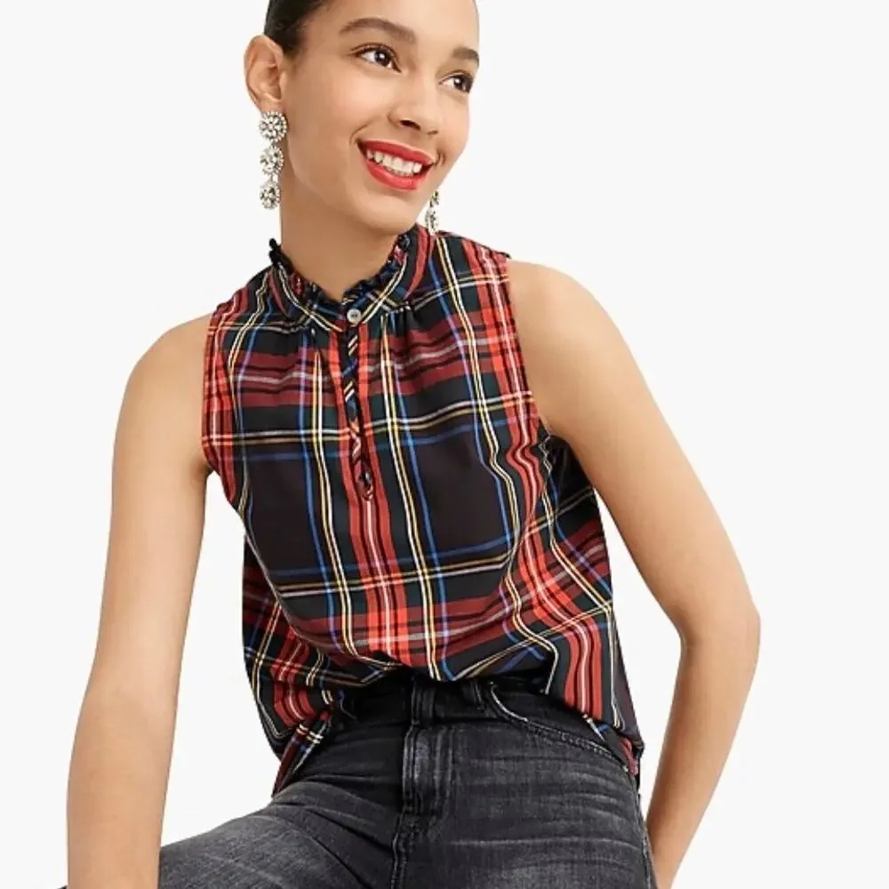 J.Crew Plaid Sleeveless Ruffle Neck Top Tartan Size 4
